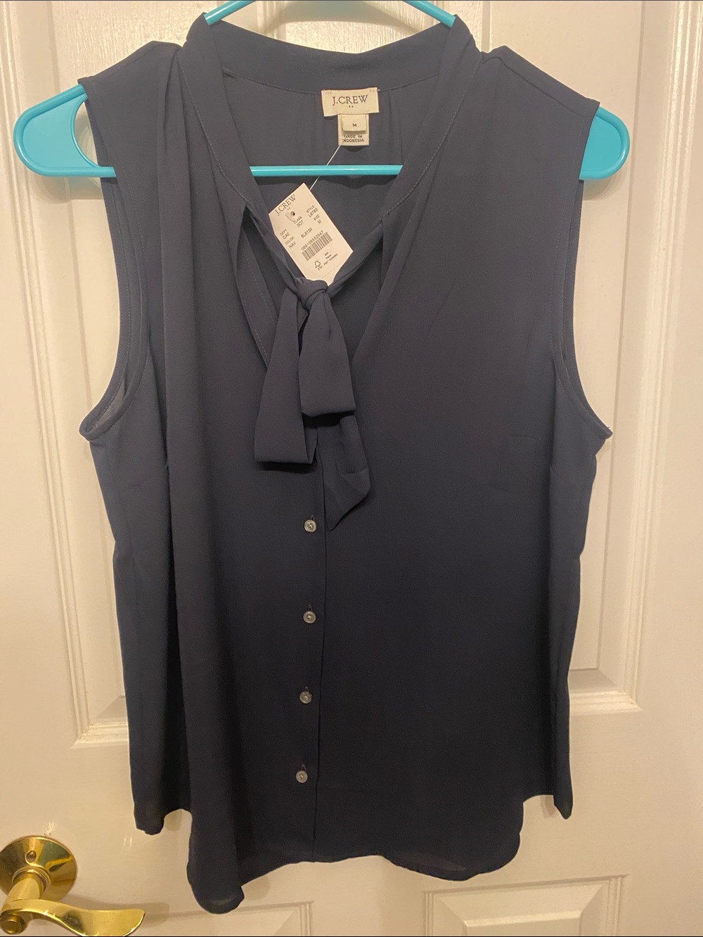 J. Crew Navy Sleeveless Tie-Neck Button Front Blouse